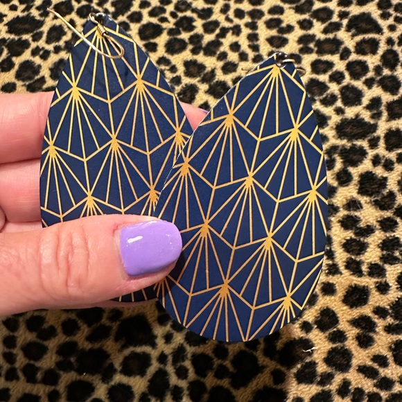 nickel & suede Jewelry - Geometric Blue & Gold Leather Teardrop Earrings